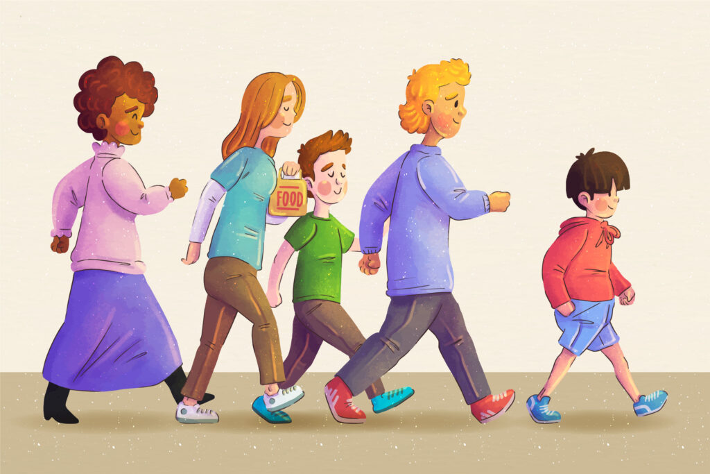 image avec des enfants et des adolescents qui marchent 